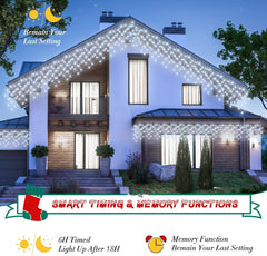 Icicle Lights Outdoor, 15M 360Leds Icicle Christmas Lights Mains Powered with Timer & Waterproof &Memory Hanging Fairy Light for outside House Gutter Roof Wall Xmas Decorations-Cool White