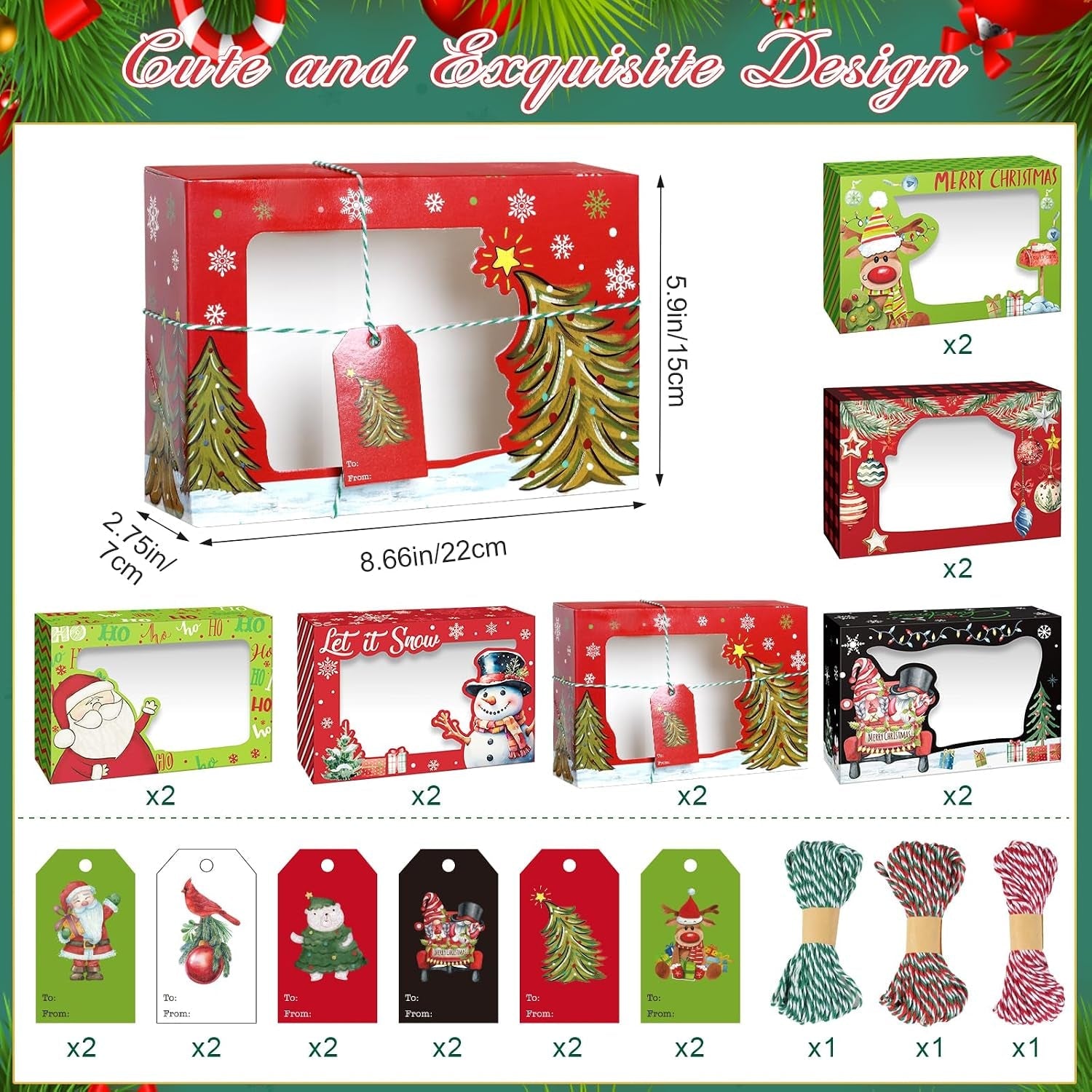 12Pcs Christmas Cookie Box 22X15X7 CM, 6 Designs Xmas Treat Gift Box with Clear Window Ribbon Tag, Christmas Cupcake Cookies Pastries Brownies Donuts Box Holiday Party Supply Gift Giving