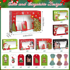 12Pcs Christmas Cookie Box 22X15X7 CM, 6 Designs Xmas Treat Gift Box with Clear Window Ribbon Tag, Christmas Cupcake Cookies Pastries Brownies Donuts Box Holiday Party Supply Gift Giving
