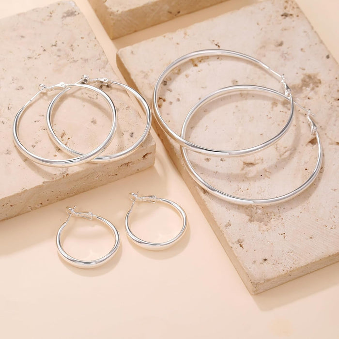 Silver Hoops Earrings for Women Hypoallergenic Large Sterling Silver Hoop Earrings Big 925 Silver Hoop Earrings 5Mm Width Lightweight Silver Earrings for Women Girls 30/50/70Mm