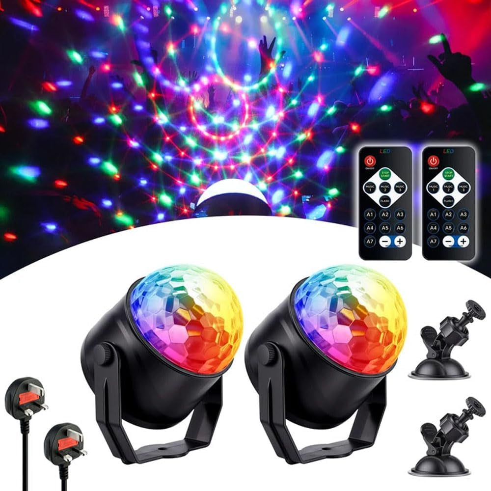Disco Lights, Party Lights, 360°Rotation Sound Activated, LED Mini Disco Balls with Remote Control, 3W RGB, Portable Strobe Light for Birthday, Family, KTV, Halloween Christmas Decorations, 2 Packs