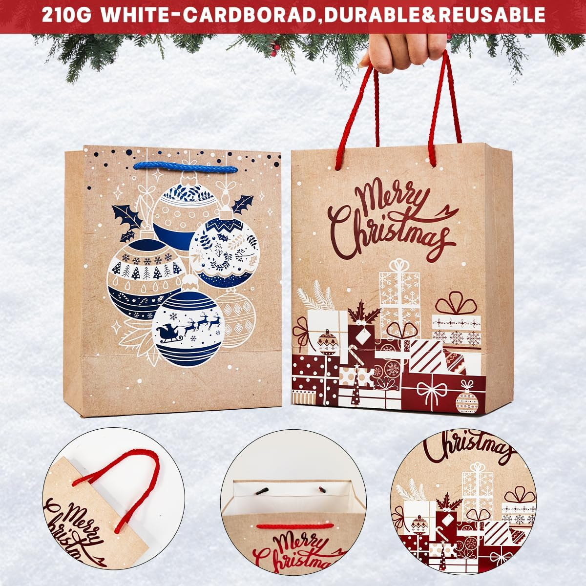 12Pack Christmas Gift Bags Sets,3 Assorted Sizes,4 Design