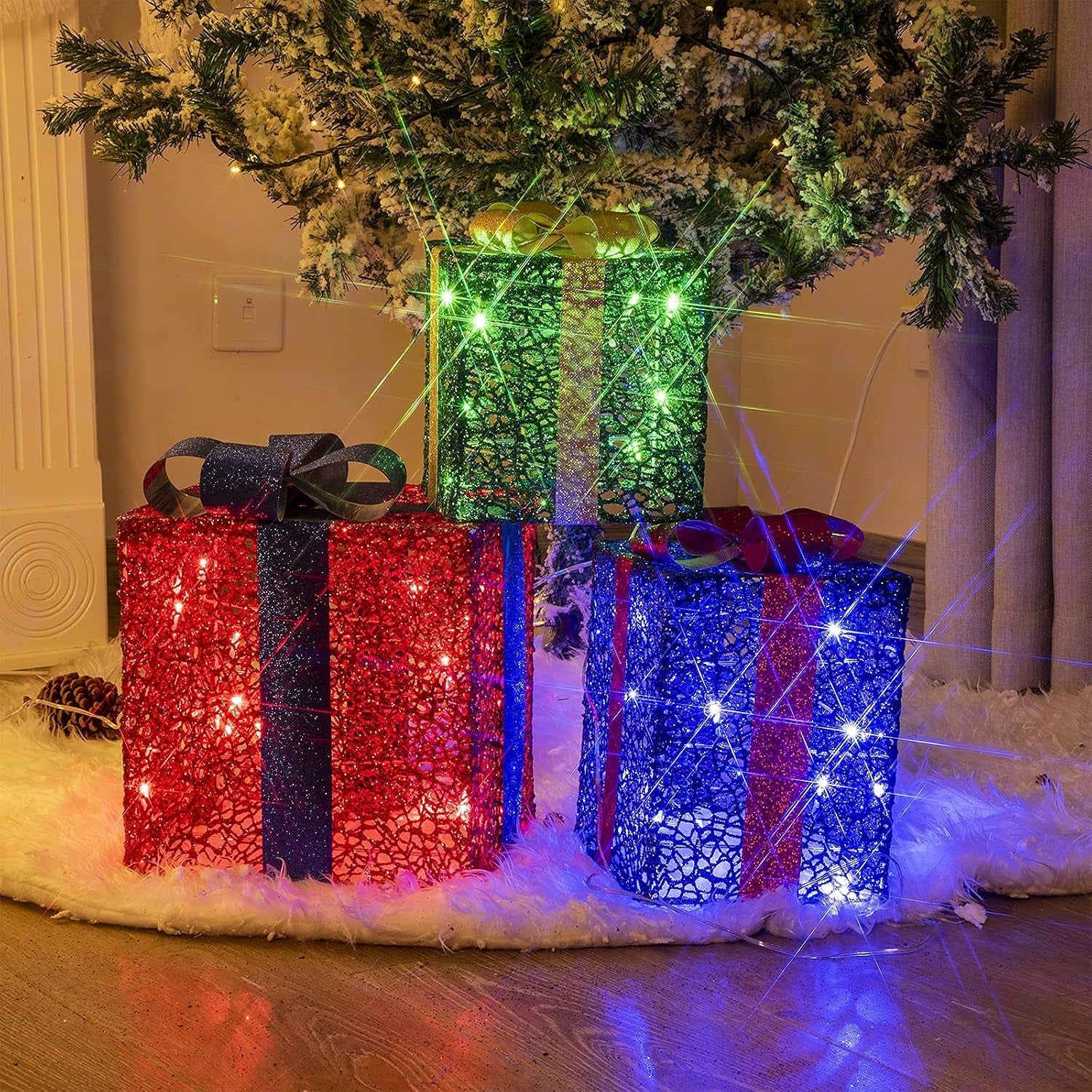 3PK Light up Boxes Multi-Colour LED Gift Box with Lights Plug in for Outdoor Christmas Decorations Gifts for Girls Kids Beloved