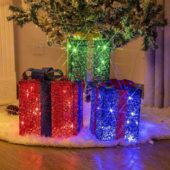 3PK Light up Boxes Multi-Colour LED Gift Box with Lights Plug in for Outdoor Christmas Decorations Gifts for Girls Kids Beloved