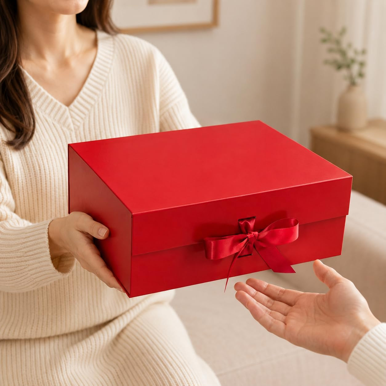 Red Large Gift Box 33.5X27X12.5 Cm, Premium Present Box with Magnetic Lid and Ribbon for Holidays Wedding Birthday Gift Packaging, Plaid Lining