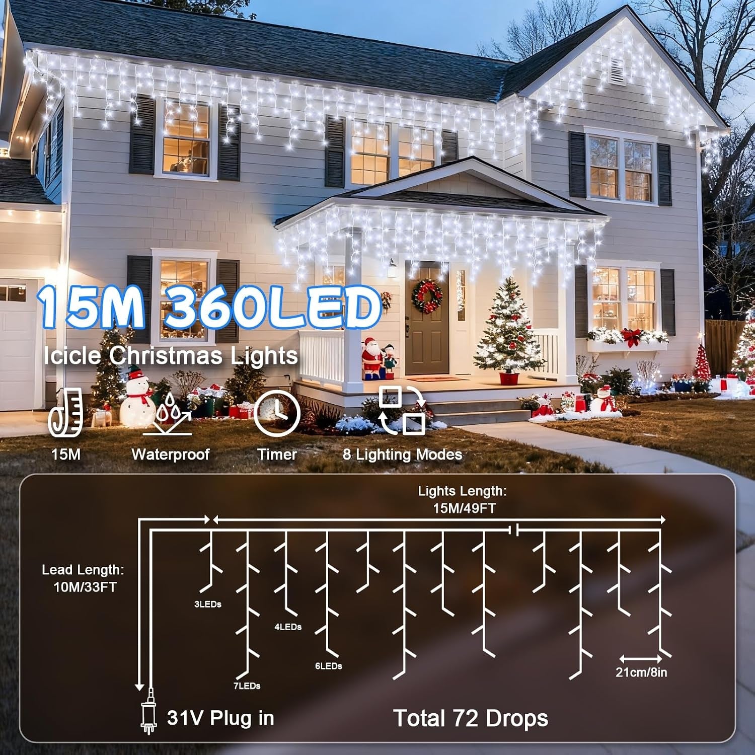 Icicle Lights Outdoor, 15M 360Leds Icicle Christmas Lights Mains Powered with Timer & Waterproof &Memory Hanging Fairy Light for outside House Gutter Roof Wall Xmas Decorations-Cool White