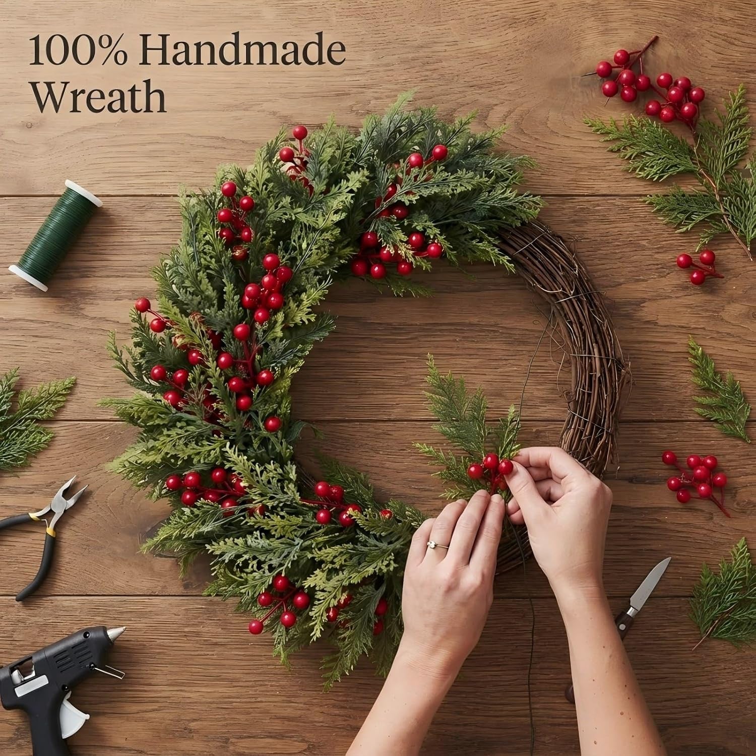 Large Christmas Wreath for Front Door 60 Cm (24 Inches), Artificial Fir Wreath with Red Berries, Pine Cones & Bow, Classic Advent Wreath for Wall & Door Decoration