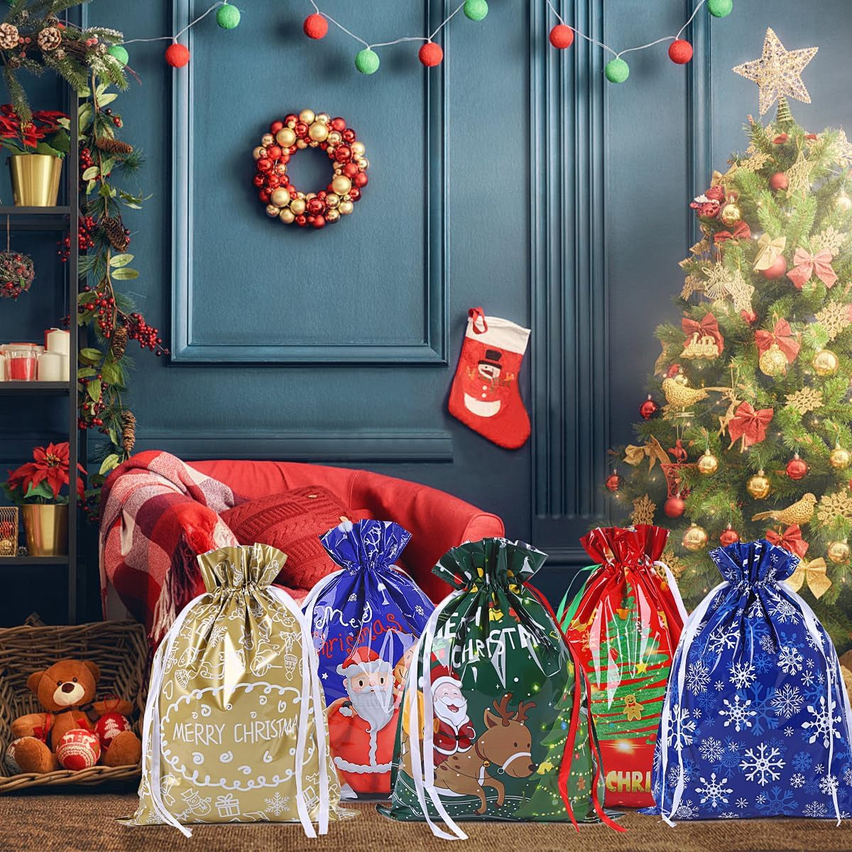 39 * 51Cm Large Size Xmas Goody Gift Wrapping Bag, 5Ps Christmas Drawstring Bags for Christmas Party-Snowflakes