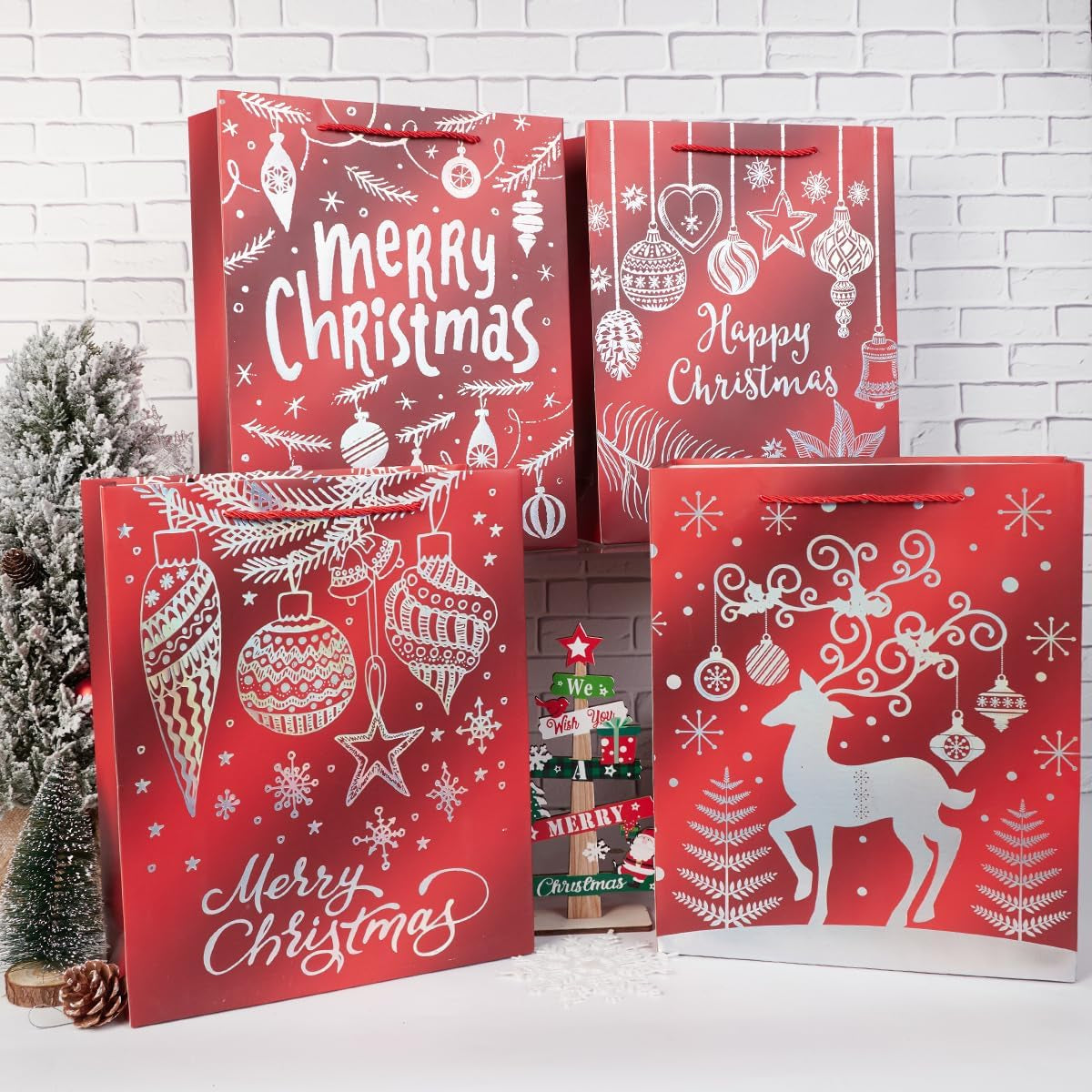 12Pack Medium Christmas Gift Bags,Red,4 Design,18 X 23 X 10CM