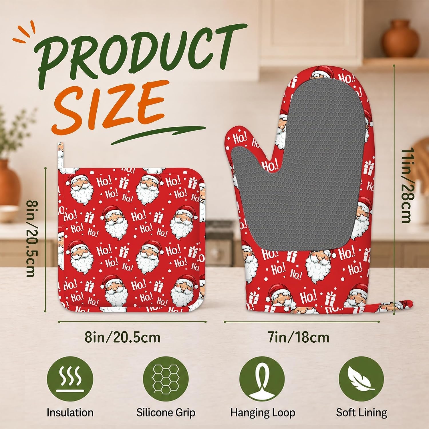 Santa Claus Oven Gloves Heat Resistant,Christmas Oven Mitts and Pot Holder Kitchen Non-Slip Silicone Cooking Microwave Gloves for Cooking Baking Grilling