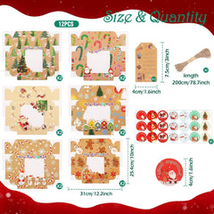 12Pcs Christmas Cup Cake Boxes,  16 * 16 * 7.5Cm Gift Boxes with Window+Rope+Gift Tag Gift Box Baking Packaging Christmas Tree Santa Claus DIY Snack Candy Cookies Food Box for Xmas Party Bakery