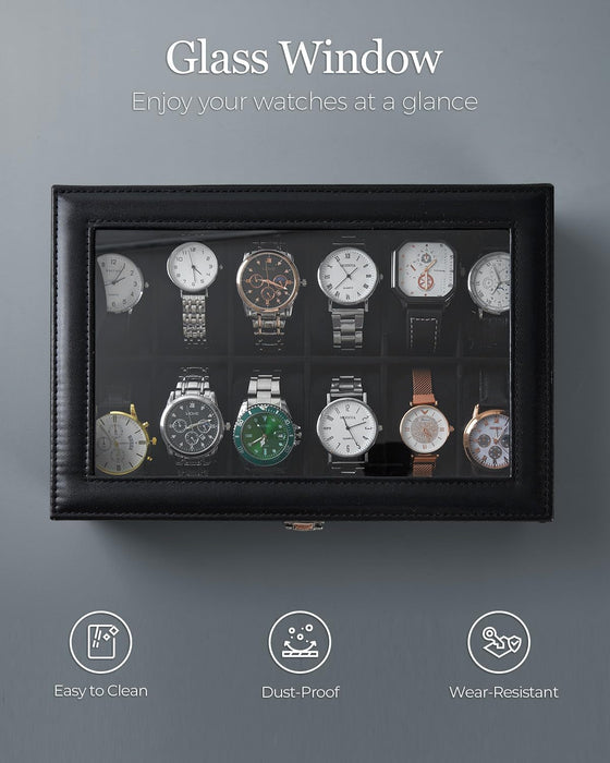 Watch Box with 12 Slots, Watch Case with Glass Lid, PU Leather Watch Holder with Velvet Pillows, Watch Storage Box for Men and Women, Gift Idea for Birthday Father'S Day Christmas