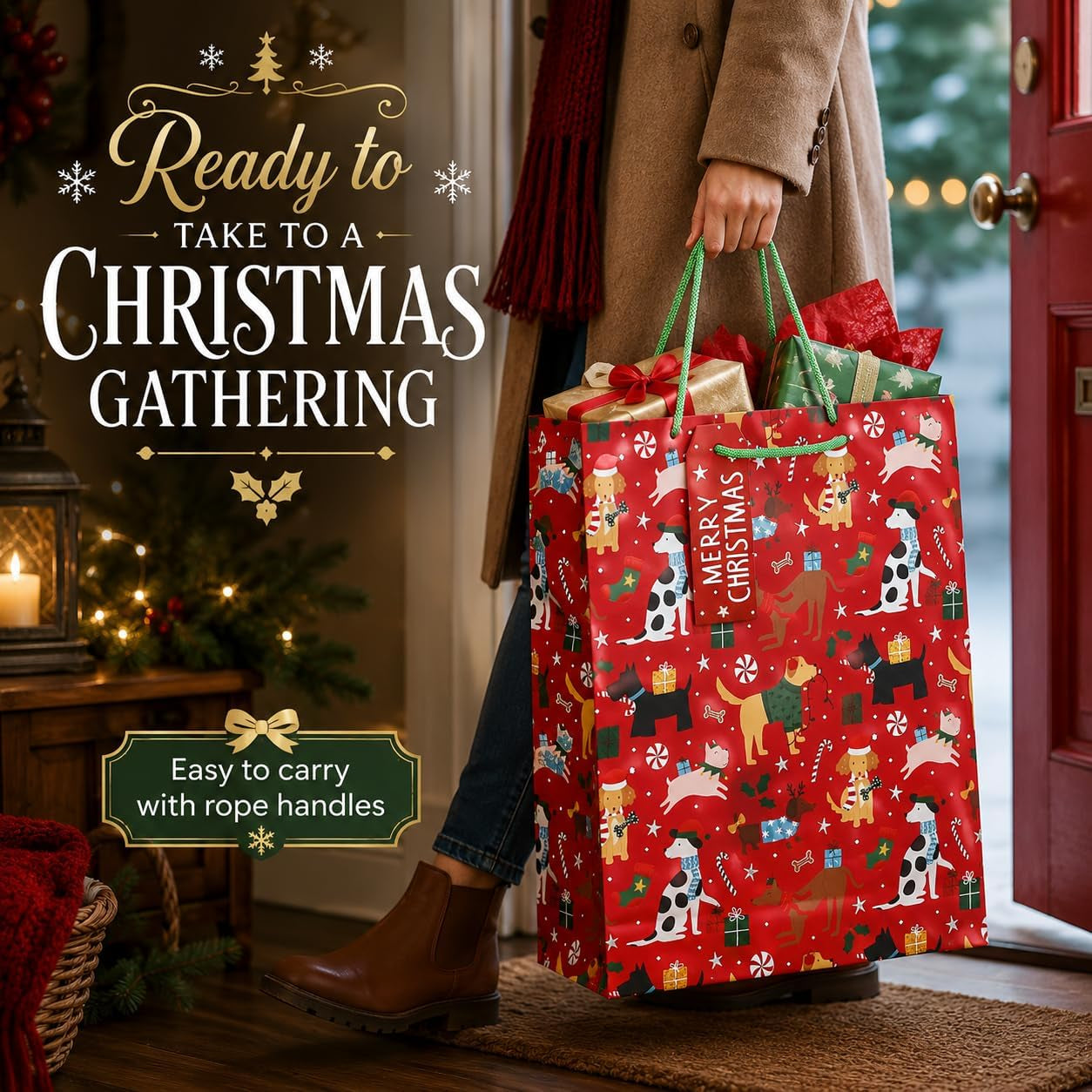 4 Pack of Christmas Dog Gift Bags with Handles, 2 Medium 26 X 15 X 33 Cm & 2 Small 21.5 X 10 X 25.3 Cm, Xmas Present Bags, Festive Gift Packaging for Family Friends Christmas Presents