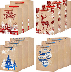 12Pack Christmas Gift Bags Sets,3 Assorted Sizes,4 Design