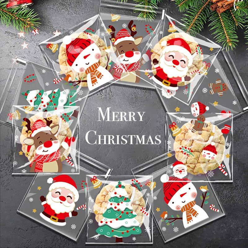 200 Piece Christmas Cookie Bags - Self Adhesive Clear Xmas Candy & Treat Bags for Parties & Goodies