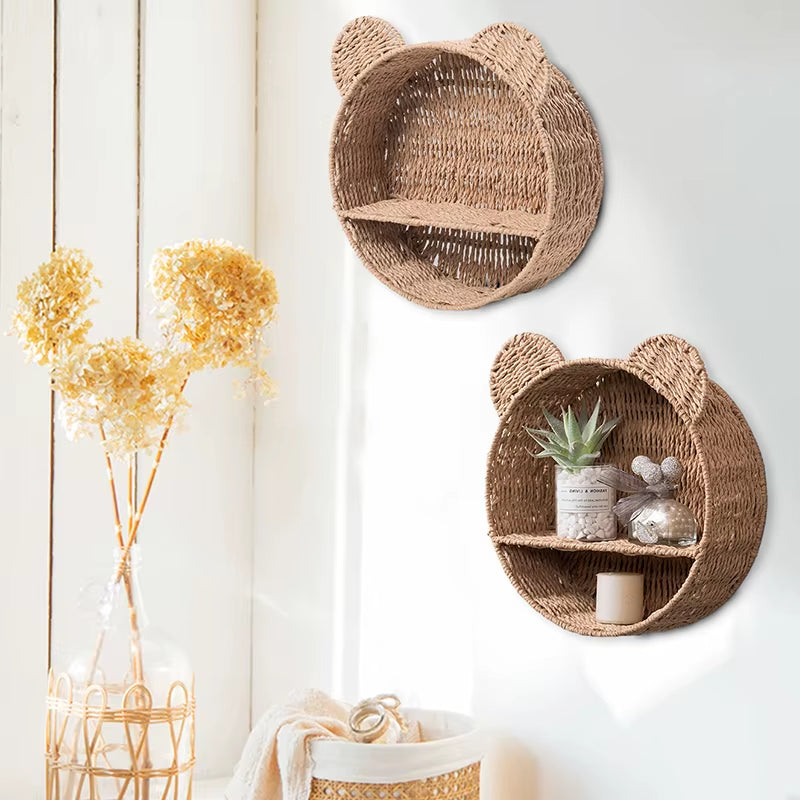 Imitation Rattan Food Grade Plastic Fruit Basket Storage Basket Wall Mounted Storage Rack Straw Woven Handmade Storage Basket