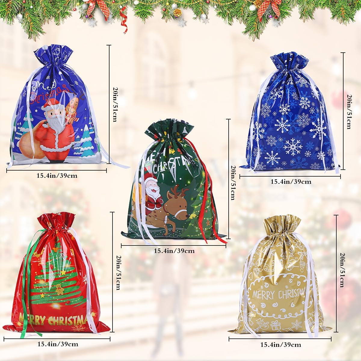 39 * 51Cm Large Size Xmas Goody Gift Wrapping Bag, 5Ps Christmas Drawstring Bags for Christmas Party-Snowflakes