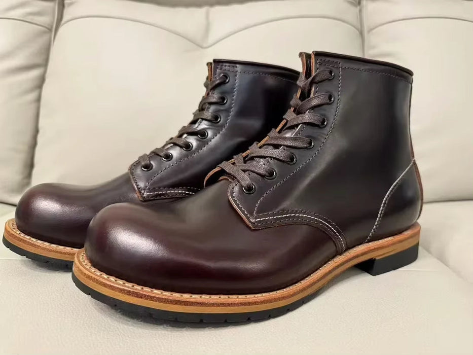 Vintage High Quality Handmade Men Boots Goodyear-Welted Cow Leather round Toe Wedge Ankle Boots Tooling Motorcycle Boots
