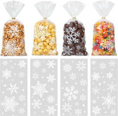 100 Pieces Christmas Snowflake Cellophane Bags, Xmas Snowflake Clear Candy Bags with Metallic Twist Ties for Winter Christmas Party Snowflakes Birthday Supplies