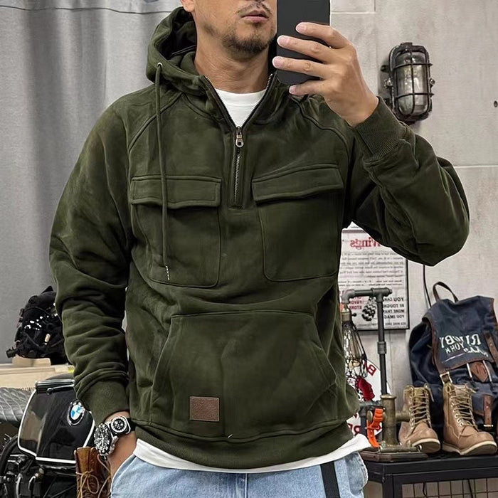 Retro Tough Guy Zipper Fleece-lined Thickened Work Clothes Motorcycle Hooded Jacket