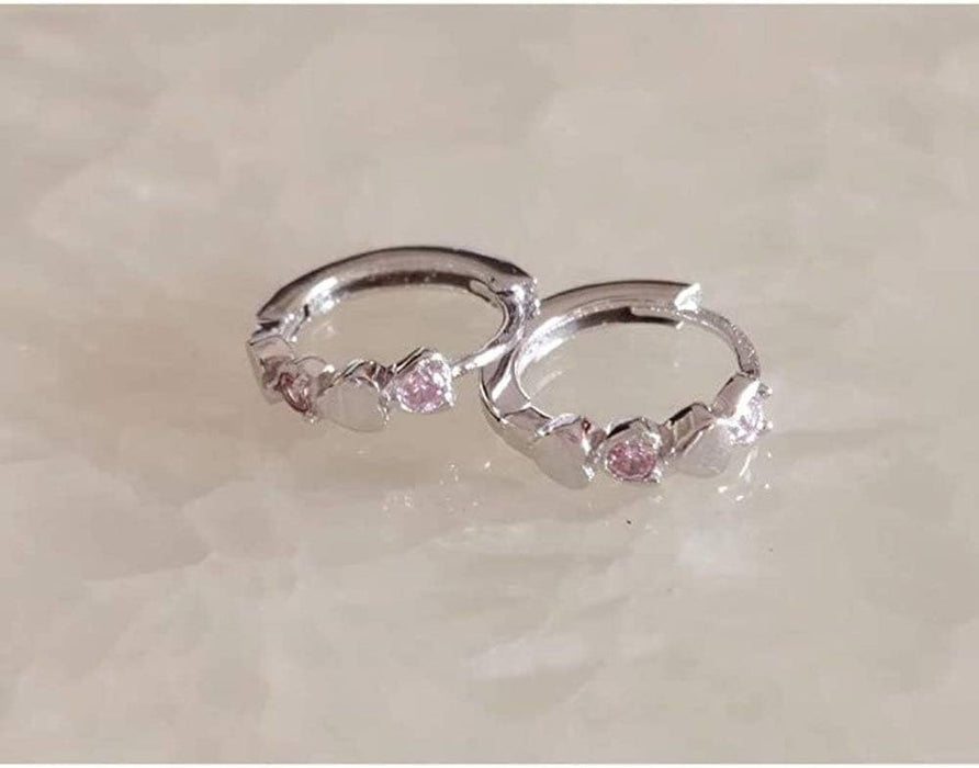Double Love Heart Cubic Zirconia Sleeper Small Hoop Earrings for Women Teen Girls Sterling Silver Cartilage Tiny Cute Huggie Hoops Hypoallergenic for Sensitive Ear Pink CZ