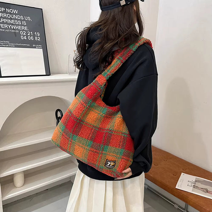 Women Lamb Wool Fluffy Handbag Large Capacity Plush Shoulder Bag Plaid Pattern Tote Bag Vintage Fashion Shopping Underarm Bag