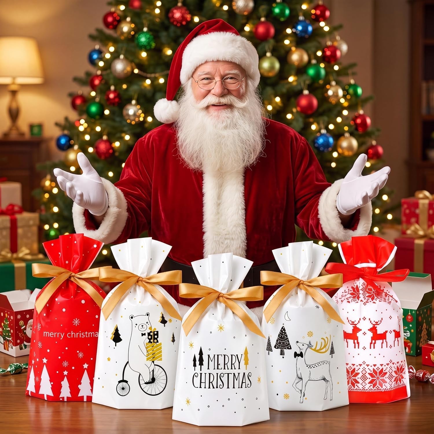 Small Christmas Drawstring Gift Bags for Kids Set – 50 Pack Xmas Drawstring Gift Bags (15X23+3Cm) – 5 Festive Designs – Christmas Gift Bags for Sweet Presents, Party Favors & Wrapping