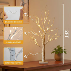 Set of 2- White Christmas Tree with Lights 2FT Tabletop Birch Tree with 24 Warm White Leds Battery Operated Light up Twig Tree for Home Party Wedding Easter Christmas Decoration
