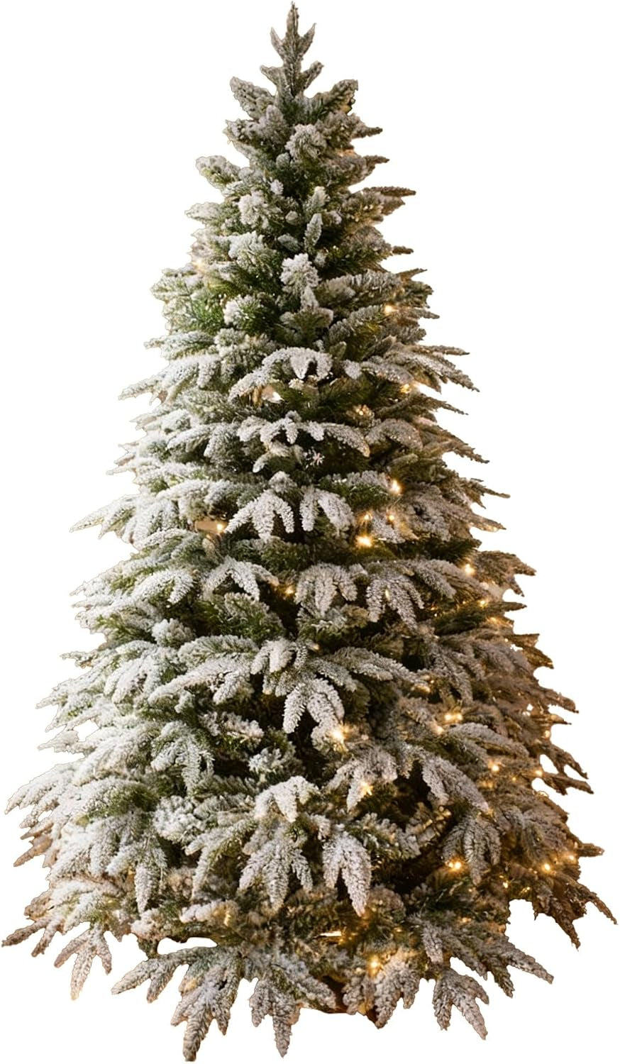 7Ft/2.1M Pre-Lit Artificial Christmas Tree Lapland Fir - 320 LED Warm White Lights, Snow Flocked 1205 PE/PVC Tips, Snowy Bushy Hinged Branches, Metal Stand for Xmas Home Decorations