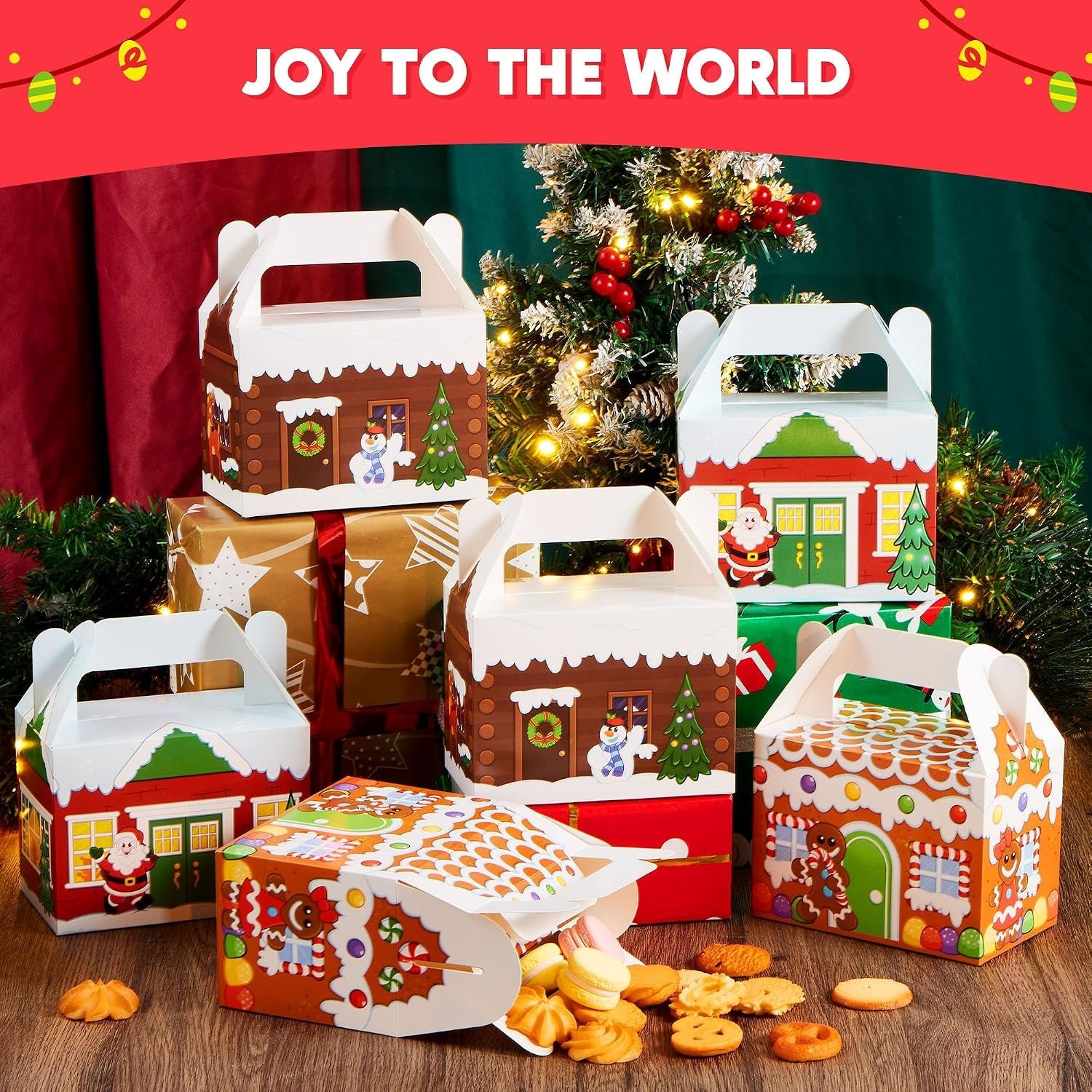 24 PCS 3D Christmas House Cardboard Treat Boxes for Holiday Xmas Goody Gift, Goodie Paper Boxes, School Classroom Party Favor Supplies, Candy Treat Cardboard Cookie Boxes