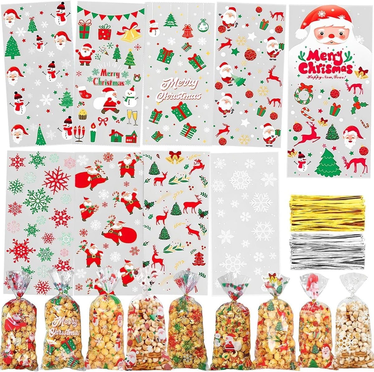 120 Pcs Christmas Cellophane Bags, Clear Treat Bags with Twist Ties