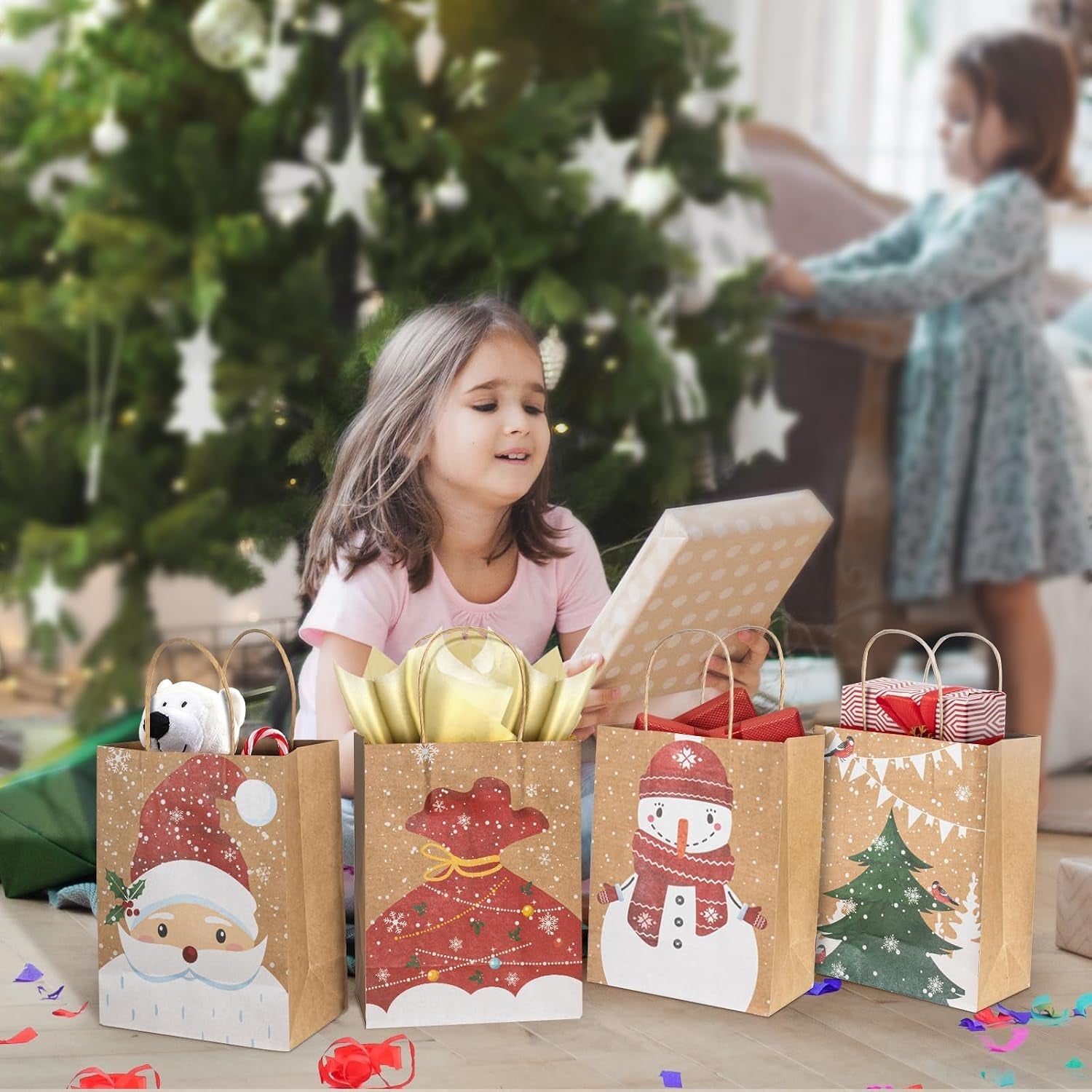 12PCS Kraft Christmas Paper Bags with Handles, 23X18X10Cm Jute Brown, 4 Festive Designs for Holiday Party Favours, Gift Wrapping & Xmas Decor