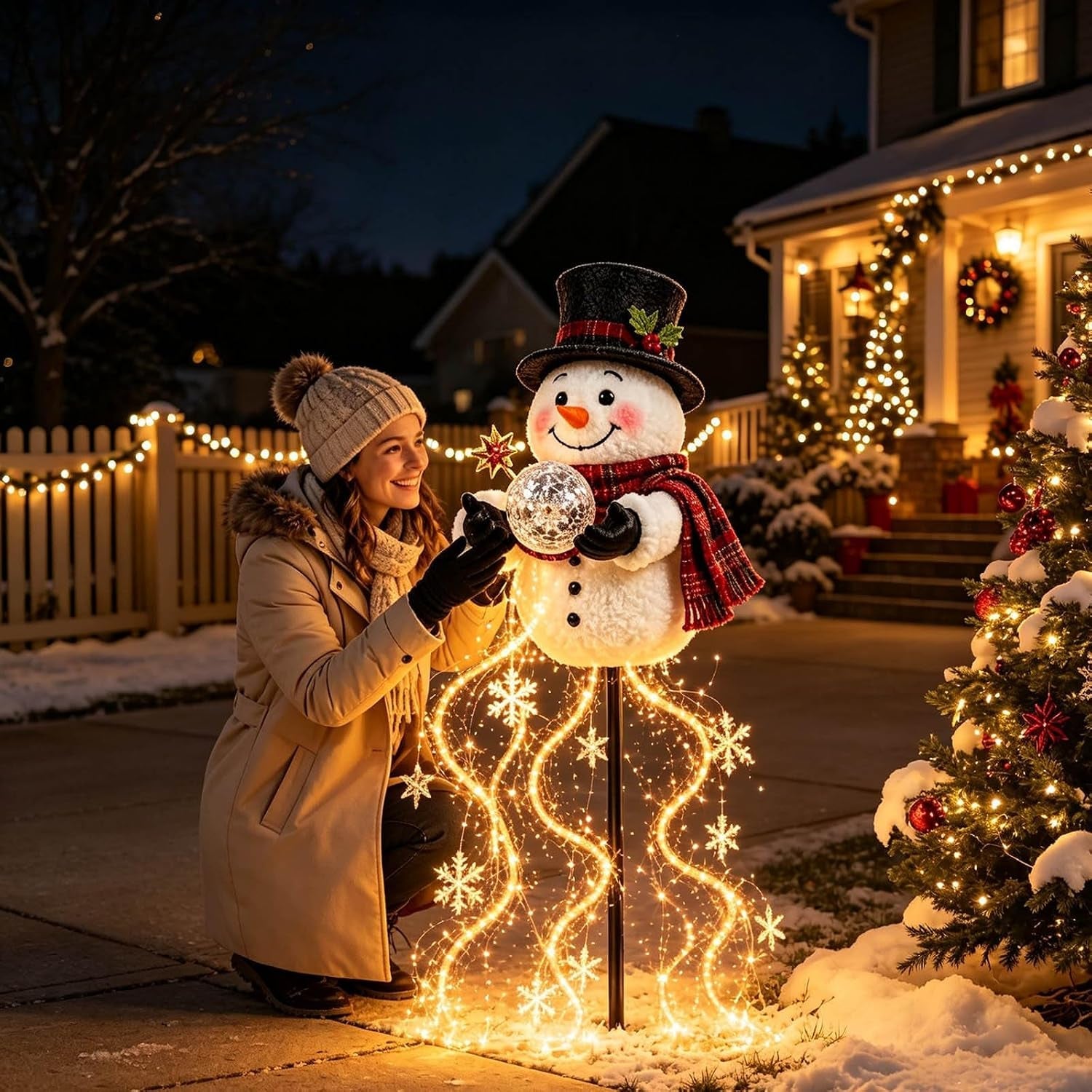 Christmas Decorations, Snowman Magic Fountain Flowing Snowflake Outdoor Christmas Lights with Cascading Stars Light for Garden Porch