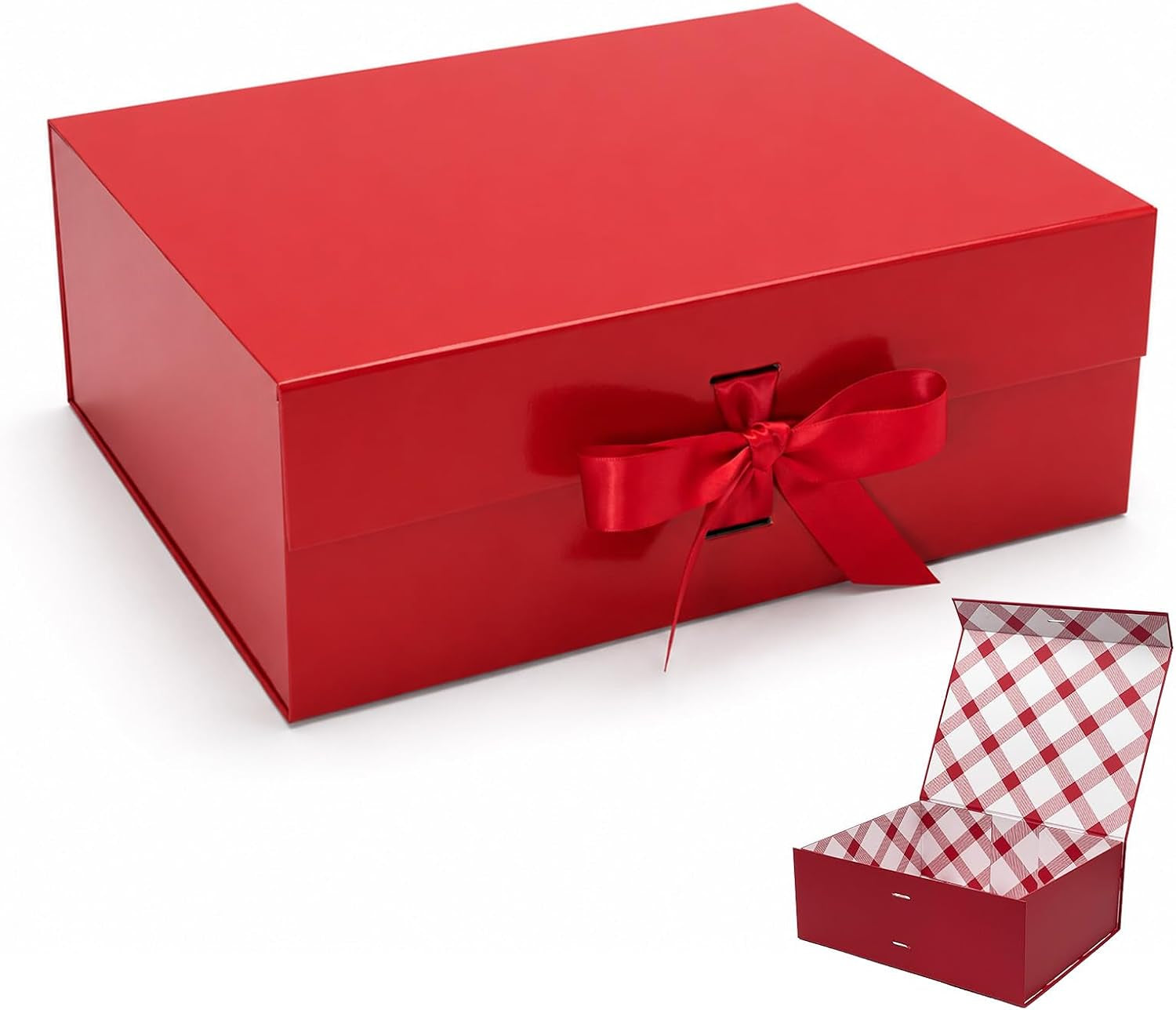 Red Large Gift Box 33.5X27X12.5 Cm, Premium Present Box with Magnetic Lid and Ribbon for Holidays Wedding Birthday Gift Packaging, Plaid Lining