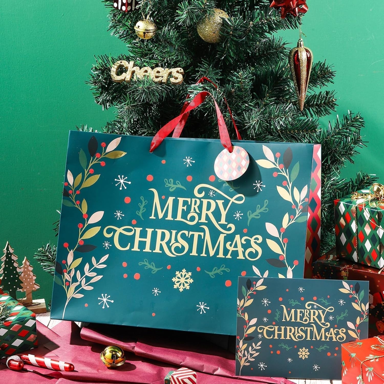 4Pcs Large Christmas Bags Gift Bags with Greeting Card, 40CM X 30CM X 15CM Kraft Paper Bag Christmas Theme Goody Bag with Gift Tag and Tissue Paper for Holiday Xmas Gift Packaging
