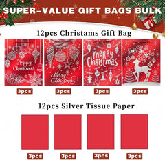 12Pack Medium Christmas Gift Bags,Red,4 Design,18 X 23 X 10CM
