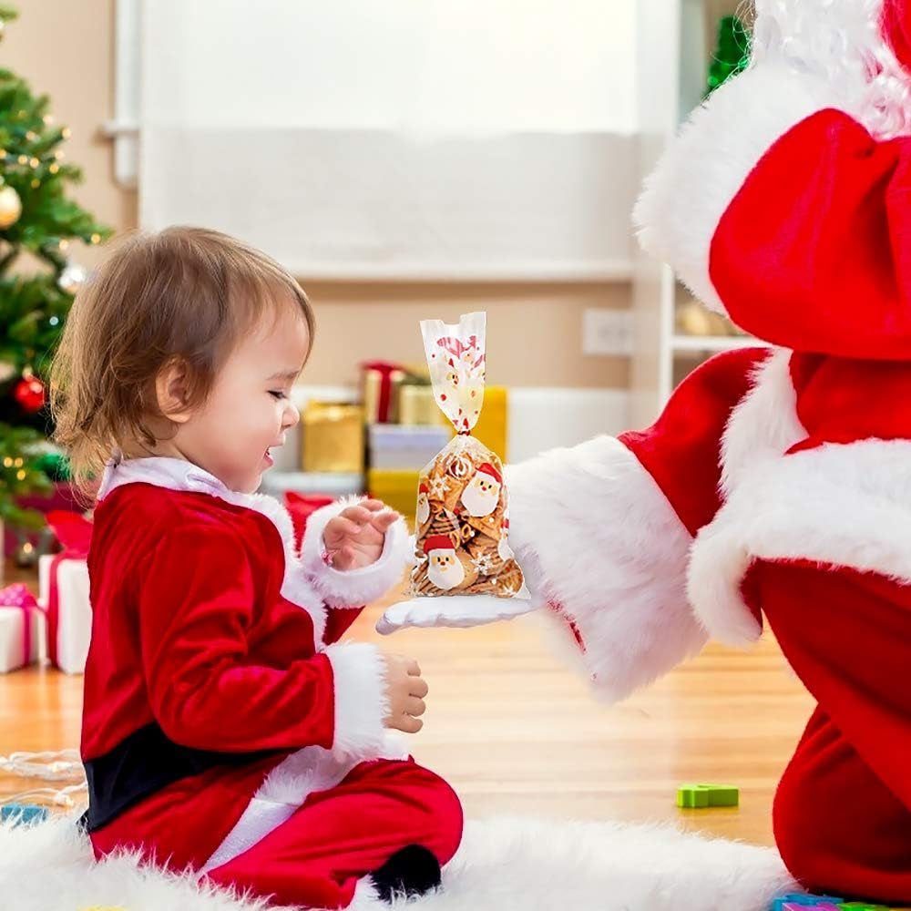120 Pieces Christmas Cellophane Bags Xmas Gift/Goodies Treat Bags with 180 Pieces Twist Ties