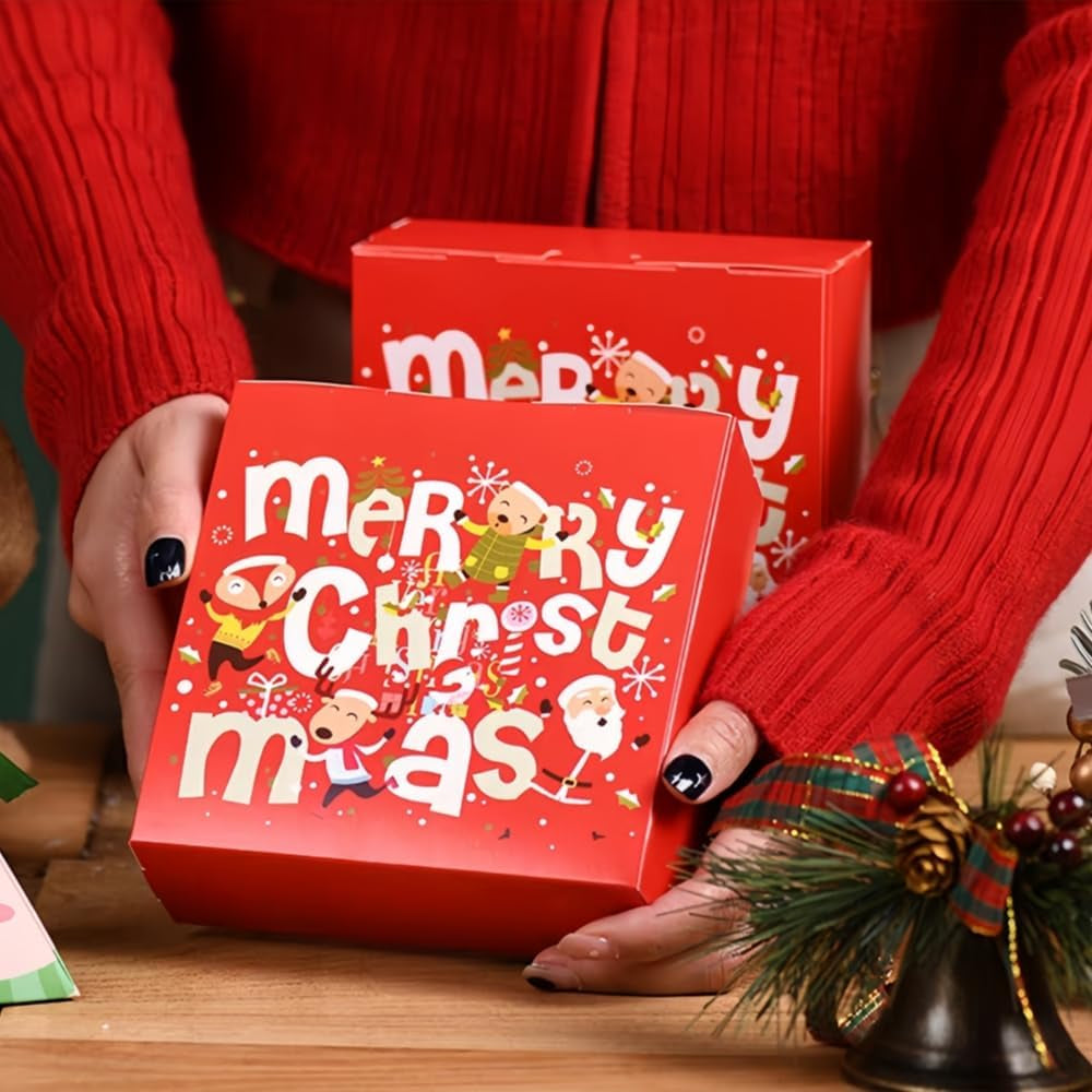 10 Packs 14X14X5Cm Red Merry Christmas Boxes with Lids, Gift Boxes, Xmas Party Favor Treats, Bakery, Gift Packaging