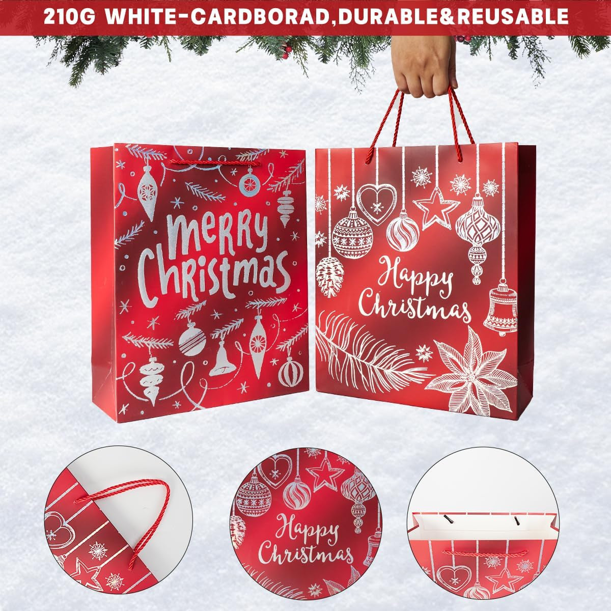 12Pack Medium Christmas Gift Bags,Red,4 Design,18 X 23 X 10CM