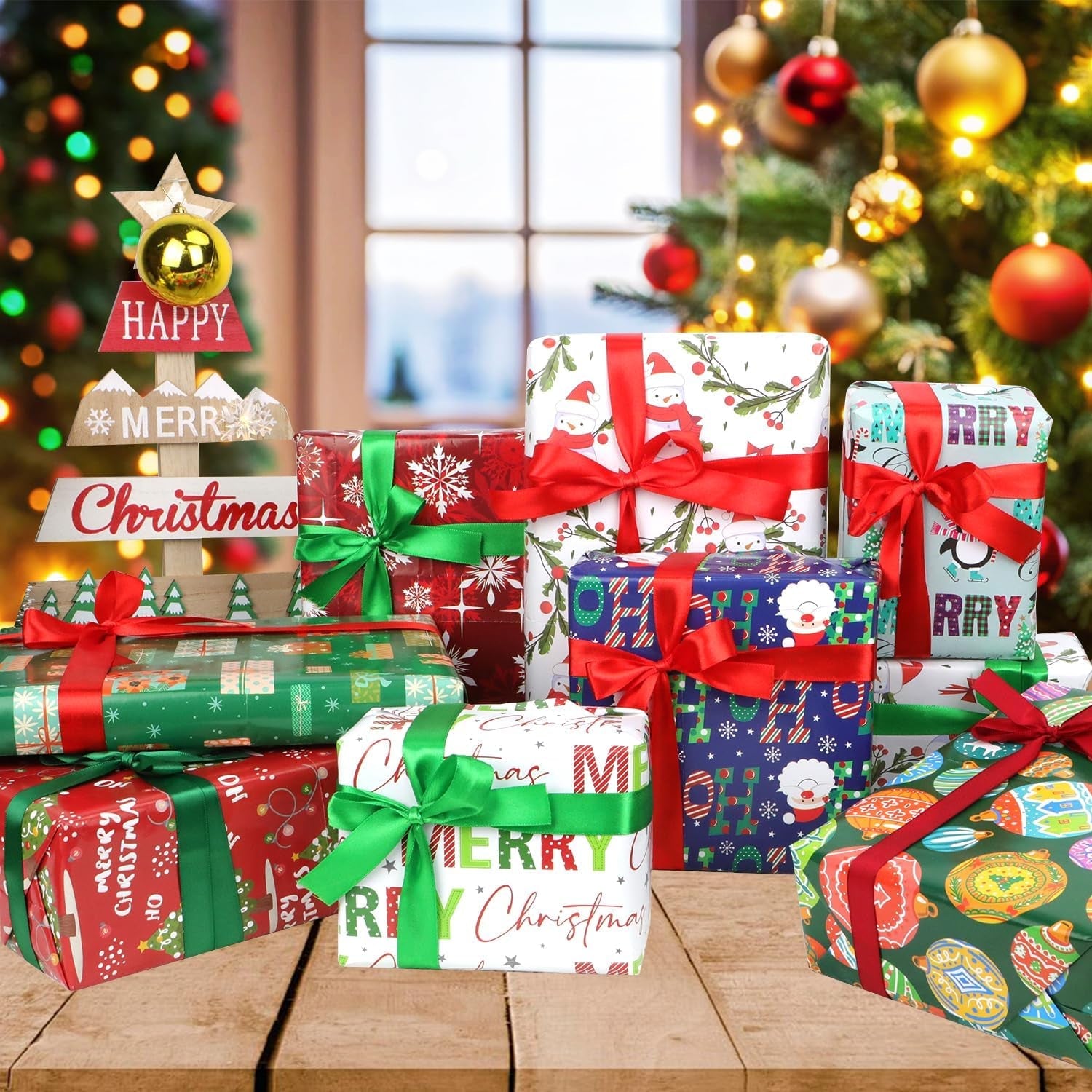 16 Sheets Christmas Gifts Wrapping Papers Set with Ribbon and Stickers, Thick Recyclable Xmas Gift Wrap Paper for Kids Children Adults Present Arts Crafts Decorations, Large Size 50X70 Cm