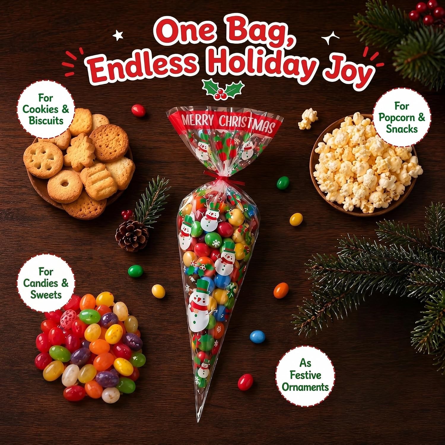 100Pcs Christmas Sweet Cone Bags, 13X25Cm Triangle Candy Bags for Xmas
