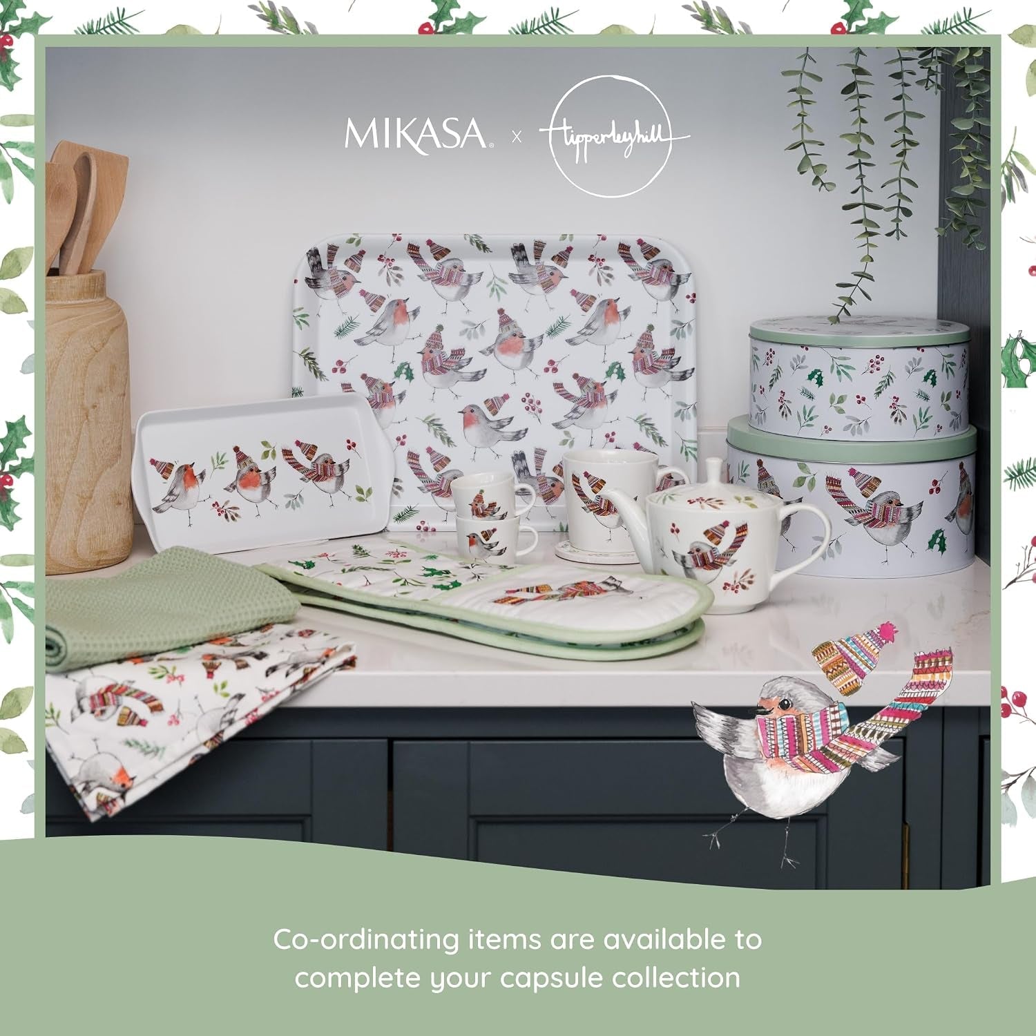 Tipperleyhill Large Rectangle Serving Tray, 43.5Cm X 32Cm Melamine Kitchen Tray, Perfect for Dinner and Drinks, Suitable for All Occasions, Christmas Robin Themed Collection, Ideal for Gifting