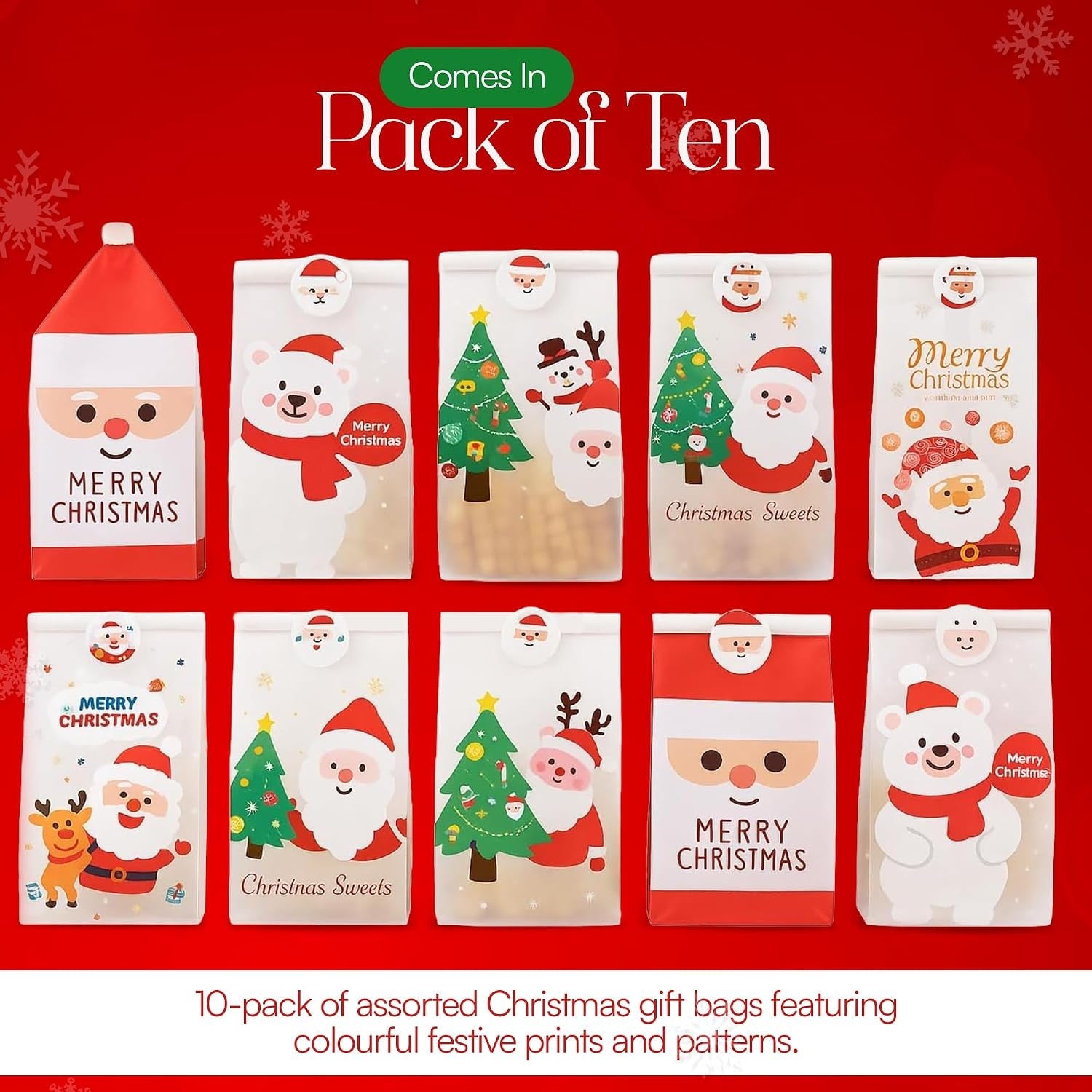 Christmas Gifting Bags 10 Pack – Assorted Xmas Wrapping Bags for Small Gifts, Stocking Fillers, Cookies, Popcorn & Secret Santa Presents – Reusable Christmas Snack Gift Party (Sticker Not Included)