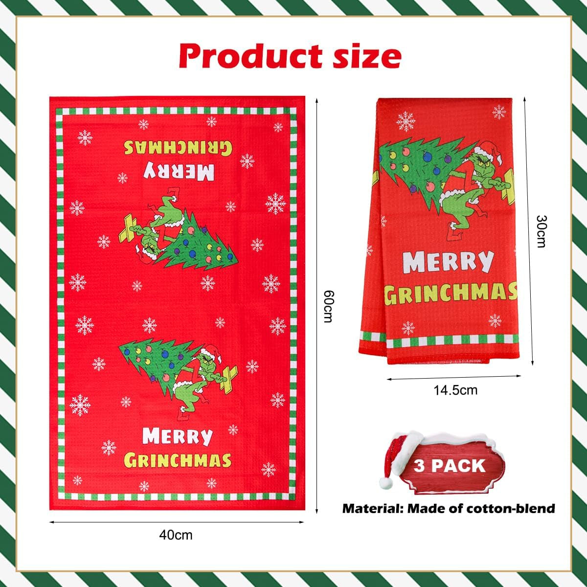 Christmas Tea Towels Kitchen Pack of 3 Pack - 40X60Cm Festive Waffle Weave Dish Cloths - Funny Xmas Kitchen Towel Set for Merry Xmas New Year Party Seasonal Home Decorations
