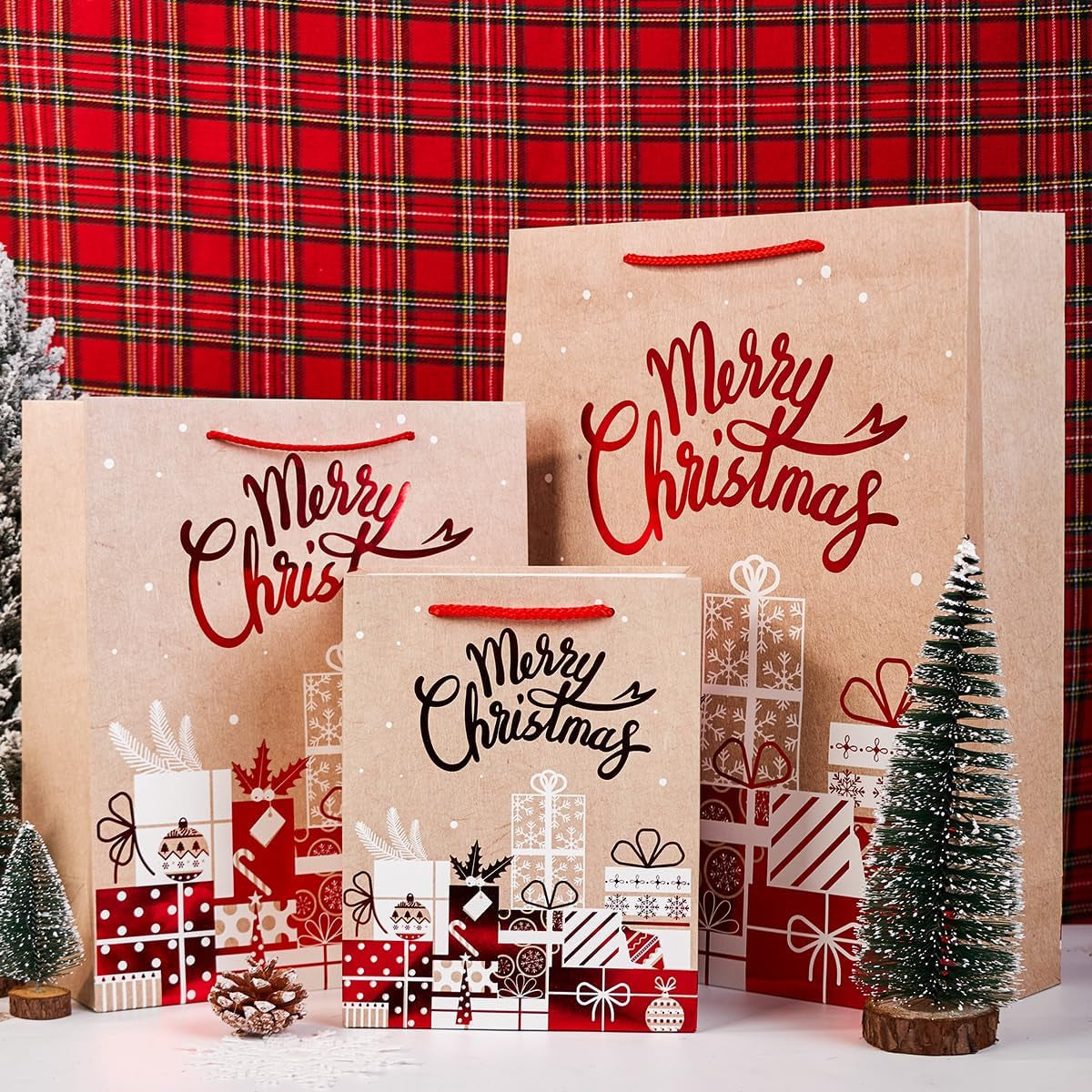12Pack Christmas Gift Bags Sets,3 Assorted Sizes,4 Design