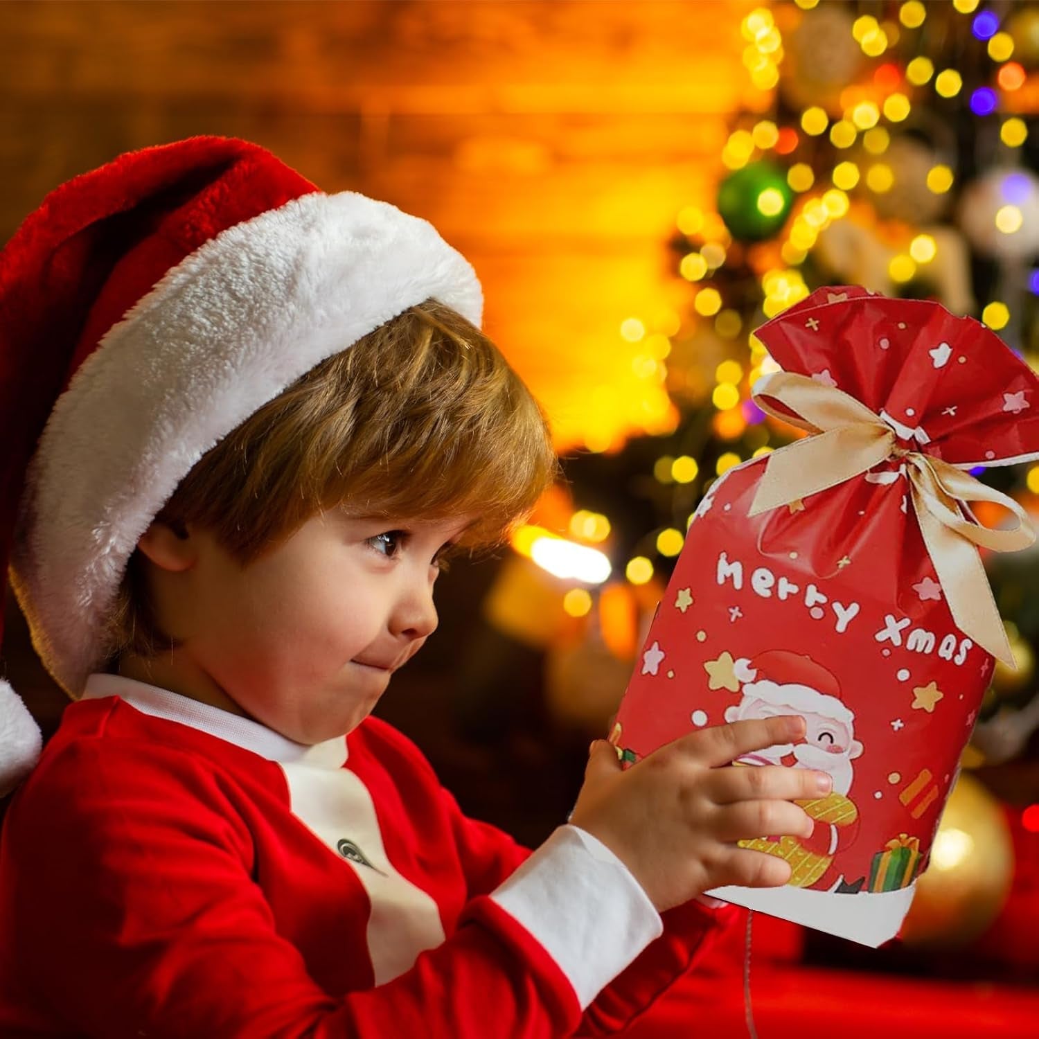 34 Pieces of Gift Bags in Various Sizes, Christmas Drawstring Bags, Christmas Party Gift with Ropes, Suitable for Birthdays and Party