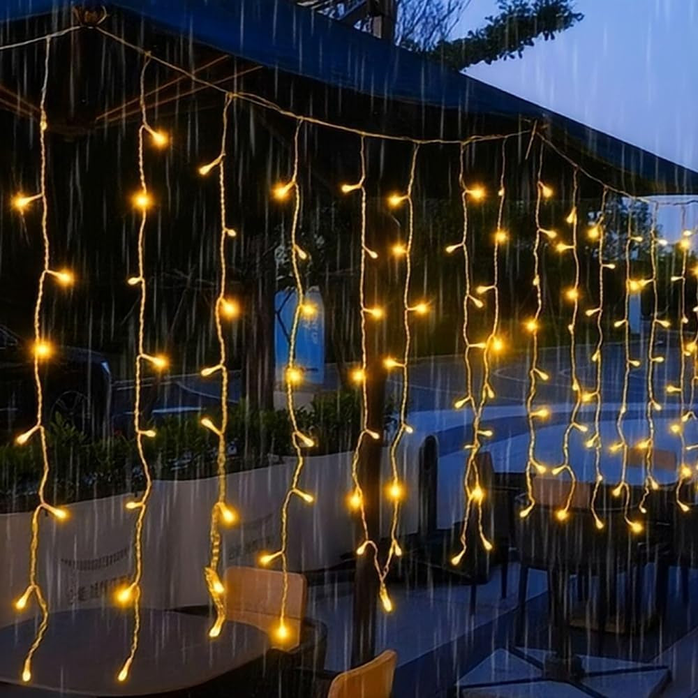 Icicle Christmas Lights Outdoor, 10M 400 LED Plug-In Waterproof Fairy String Lights with 8 Modes, Timer&Connectable, for Eaves, Gutters, House Roof, Garden, Patio & Party Decorations Warm White