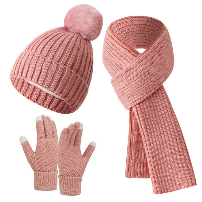 Solid Color Woven Hat Scarf And Gloves Warm Set