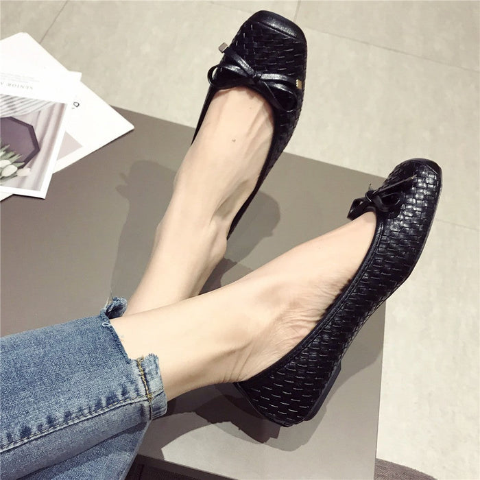 Flat Plus Size All-match Black Flat Heel Woven Pattern Scoop Women's Shoes For Four Seasons