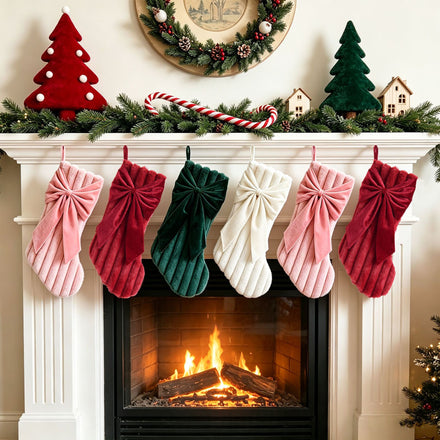 Vertical Stripe Faux Rabbit Fur Christmas Stockings Red Green White Bow Decorated Holiday Gift Bags